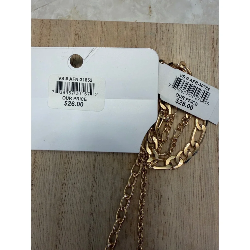 Gold Tone Layered Necklace & Bracelet Set Textured Coin Charms‎ Hypoallergenic